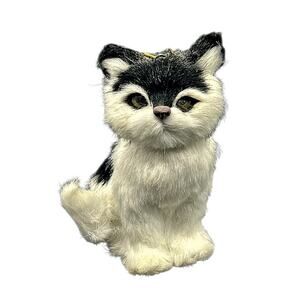 Vintage Cat Kitten Ornament Real Fur Black White Glass Eyes Pink Nose 4.5" CL57
